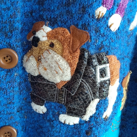 Design Options by Philip& Jane Gordon blue vintage sweater cardigan dogs puppies - Picture 10 of 13
